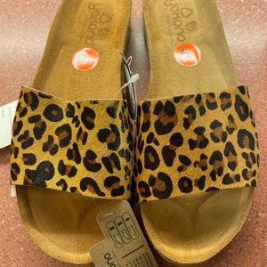 Yokono Leopard Espadrille Cork Footbed Calf Hair Womens Slides Sandals 9.5 NEW